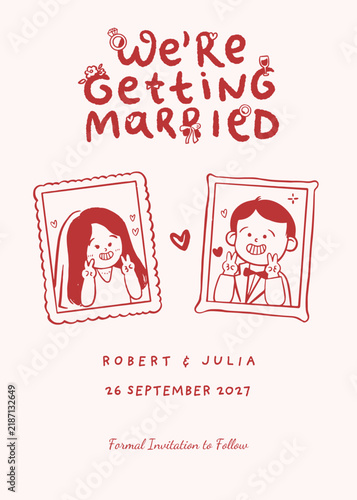 Wedding invitation hand drawn couple in frame cute template for wedding projects