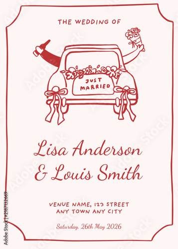 Wedding invitation with hand drawn car cute template for wedding projects