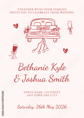 Wedding invitation with wedding car hand drawn for wedding projects
