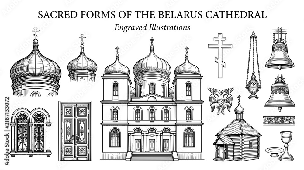 Obraz premium Sacred forms of the Belarus Cathedral shown in engraved illustrations and detailed art