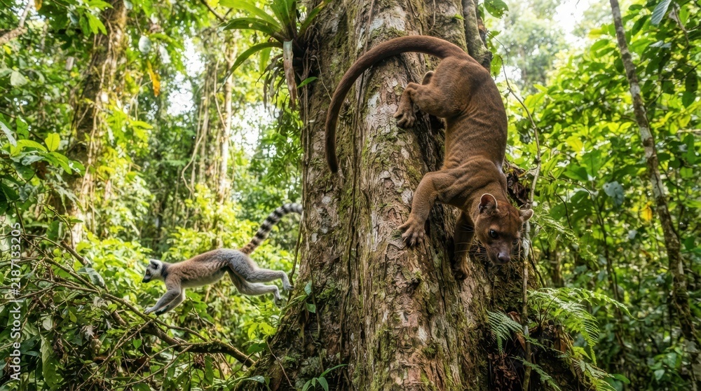 Fototapeta premium Fossa and lemur in lush green Madagascan rainforest canopy