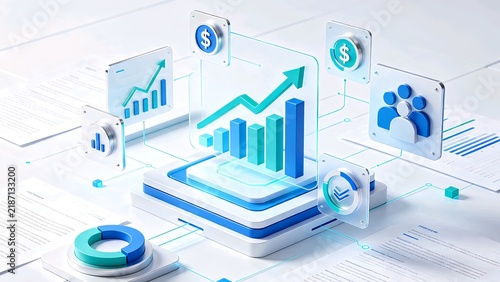 3D digital illustration of data analytics growth, bar chart, line graph, icons, futuristic business design.