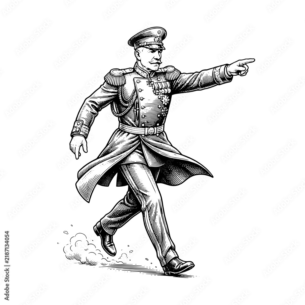 Obraz premium Man in military uniform walking and pointing in a vintage engraving style illustration
