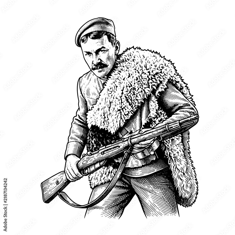 Obraz premium Engraved illustration of a soldier with a rifle and fur garment from a historical period