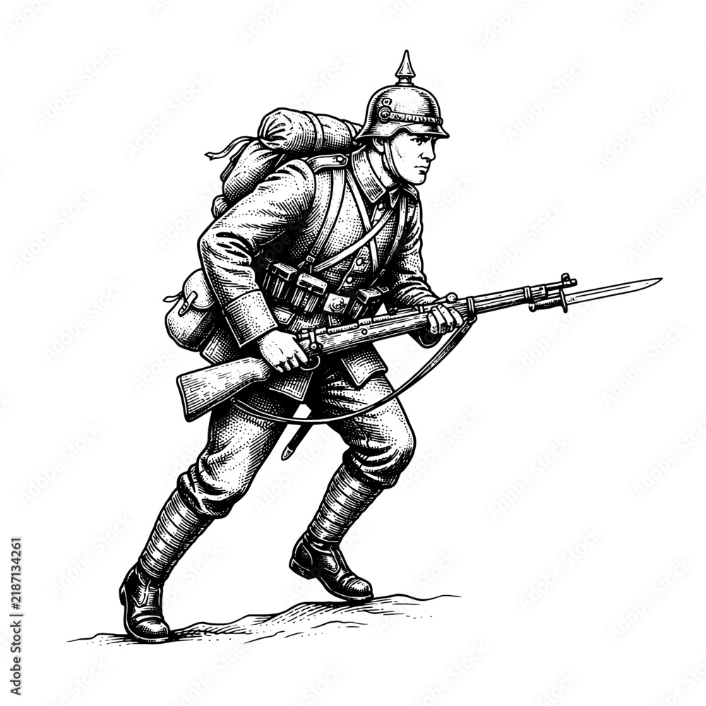 Obraz premium Engraved illustration of a soldier in action with a rifle during a historical military context