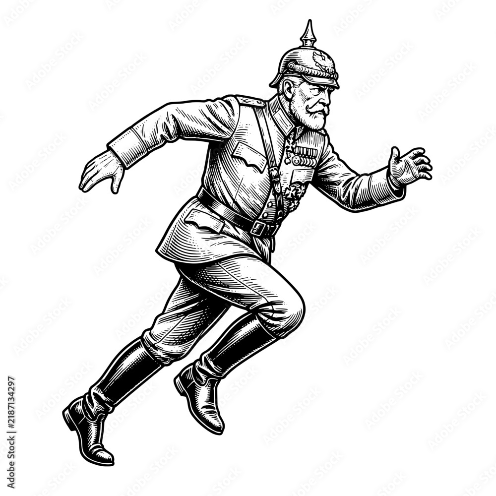 Obraz premium Engraved illustration of a man in military uniform running as if in an urgent situation
