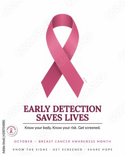 Pink breast cancer awareness ribbon with early detection message for October campaign
