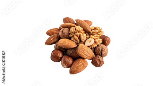 A small loose pile of mixed raw healthy nuts assortment isolated on transparent background