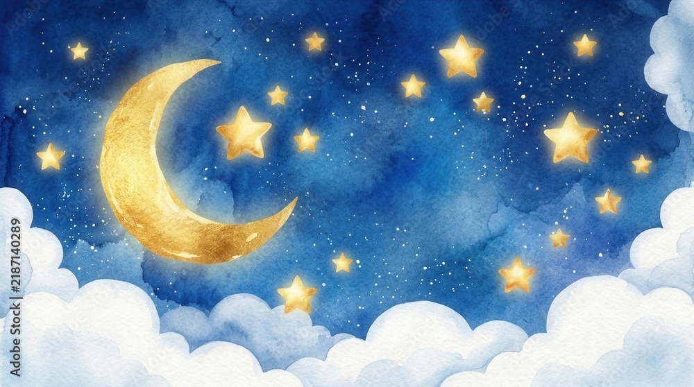 Naklejka premium Golden stars, a crescent moon, and white clouds on a blue illustrated dreamy lullaby background.