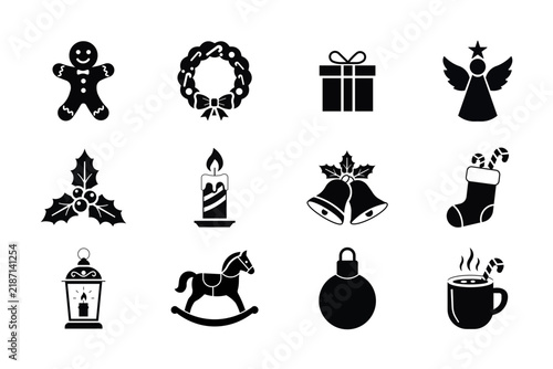 Christmas and winter holiday black vector icons set