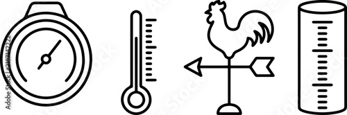 Scientific instruments including barometer, thermometer, rooster weather vane, and rain gauge.