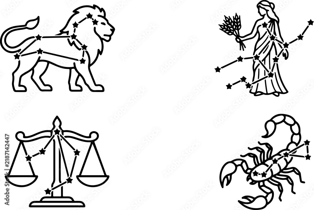 Fototapeta premium Astrology zodiac signs collection features lion, maiden, scales and scorpion line art.