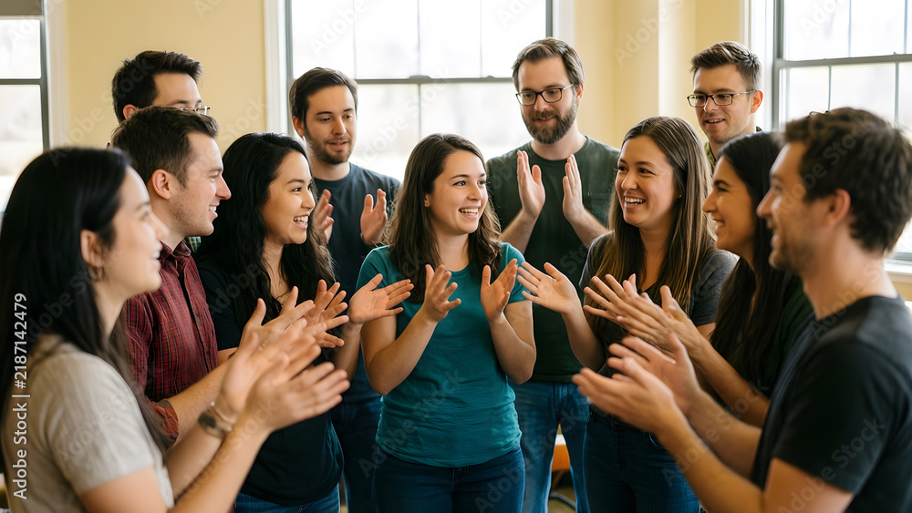 Fototapeta premium A coherent group of fourteen fictional Deaf and hearing adults communicating through expressive hand movement and attentive eye contact for Deaf community, inclusive communication