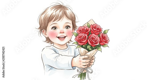 A Cute Child Holding A Bouquet Of Red Roses In A Watercolor Style Illustration On White Background