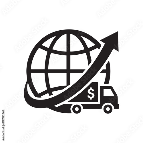 Global Logistics Delivery Truck Globe Arrow Financial Business Icon Vector Illustration.