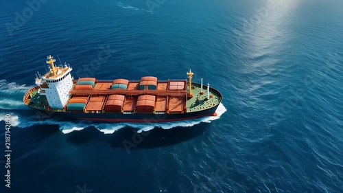 Three aerial views of a cargo ship sailing on a blue ocean.