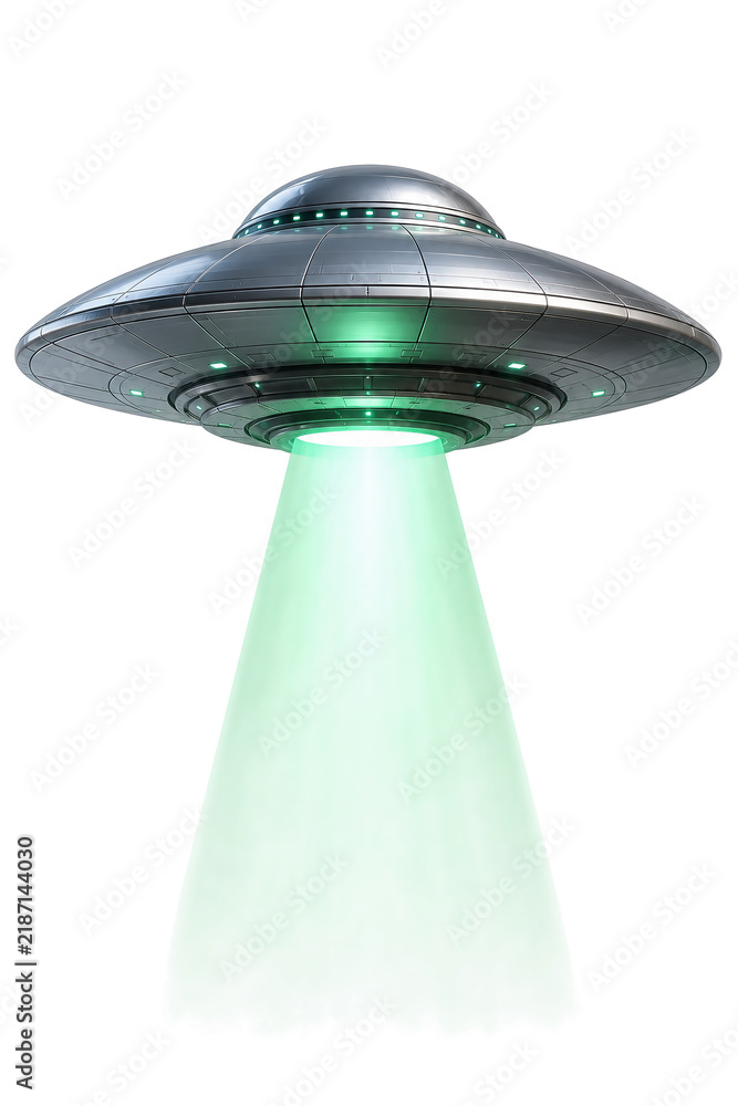 Fototapeta premium Silver UFO spaceship with green tractor beam on white background