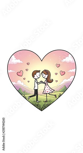 Whimsical Cartoon Sketch of a Romantic Couple Celebrating Their Wedding with Heart Illustrations