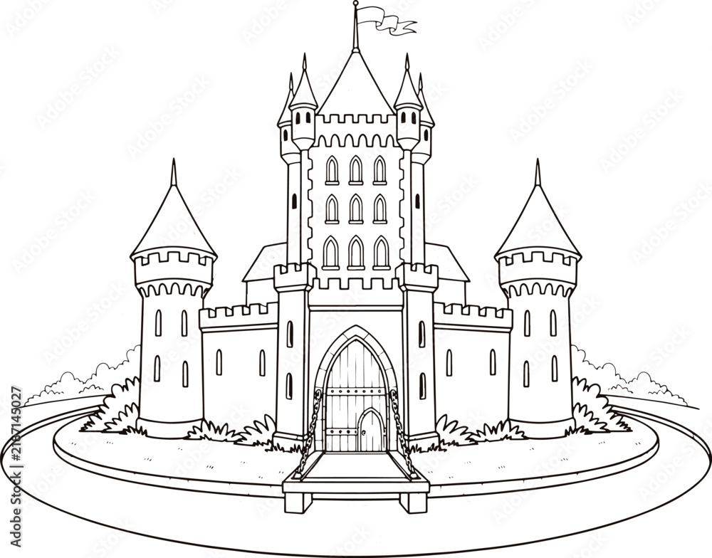 Fototapeta premium Historical Fortress Building Outline for Educational Coloring Activity