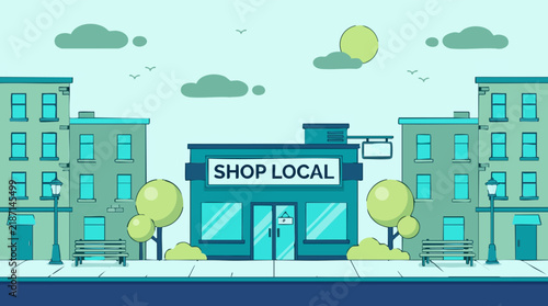 Shop Local store in flat design vector illustration of city street