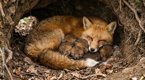 Tapety artystyczne Mother Fox Sleeps Peacefully With Her Adorable Kits in a Den.