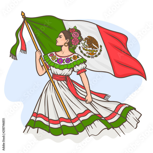 Mexican woman wearing a huipil, holding the Mexican flag.