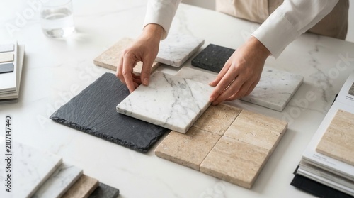 Selecting marble stone color for kitchen or facades with an interior designer and customer with copyspace