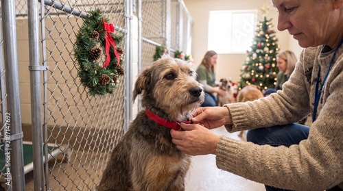 Volunteer Preparing Rescue Dog For Christmas Adoption In Animal Shelter With Festive Wreath