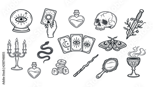 Mystical witchcraft line art vector icon set featuring tarot cards skull dagger crystal ball potion bottles and magic elements