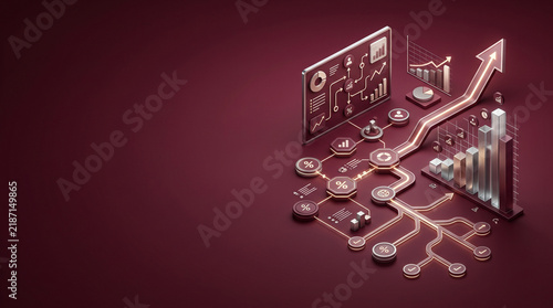 Financial growth chart with data analysis circuits and upward arrow on maroon background