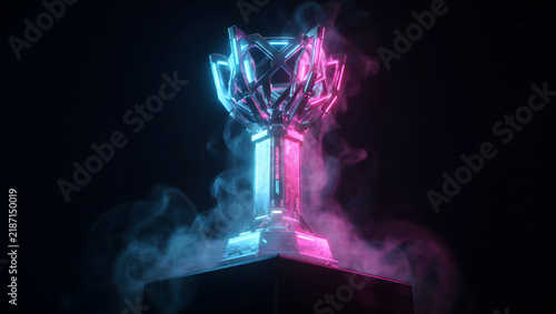 Glowing esports championship trophy illuminated with vibrant blue and pink neon lights against a dark background