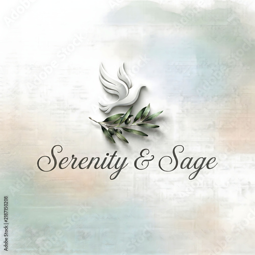 Watercolor illustration of a dove holding an olive branch with elegant calligraphy text on a soft background