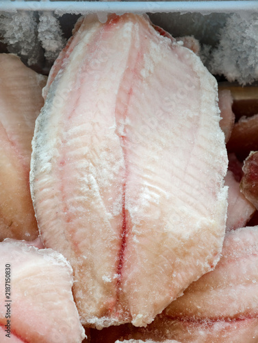 Fotografie Fresh frozen tilapia fillets displayed in supermarket refrigeration, clean white