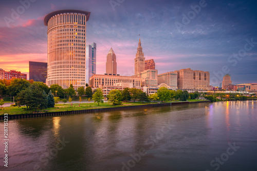 Cleveland, Ohio, USA. Panoramic cityscape image of Cleveland, Ohio at beautiful summer sunset.