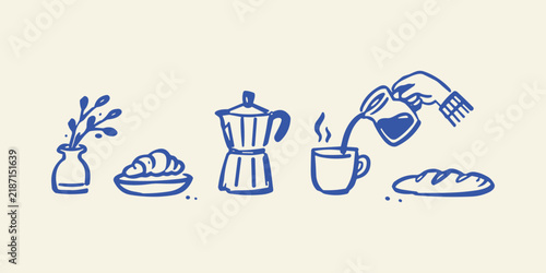 Hand-drawn blue coffee breakfast icons, minimalist cafe doodle set with moka pot and croissant, rustic morning brunch vector illustrations