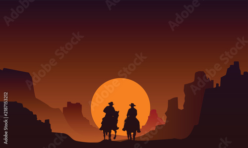 Two Cowboys Riding Horses in Canyon at Sunset Illustration