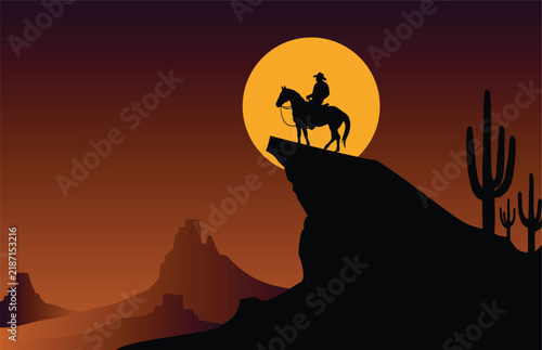 Cowboy on Horseback on Cliff at Night Illustration