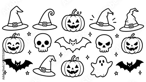 Simple stick figure illustration depicts halloween icons set including witch hats, pumpkins, skulls, and bats in a line art style