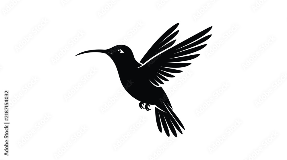 Fototapeta premium Hummingbird silhouette displays delicate wings in a graceful flight against a solid white background.