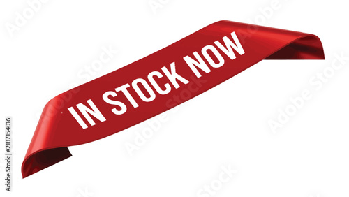 Red ribbon vector graphic illustration showing in stock now text with a glossy curved design
