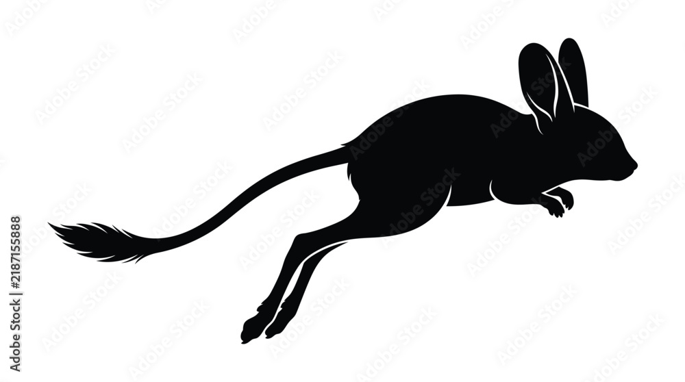 Obraz premium Jerboa design features a bold black silhouette of a hopping desert rodent on a neutral surface.