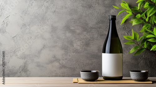 Bottle of sake with two small cups sits on wooden surface, surrounded by green leaves against textured gray background, creating serene atmosphere