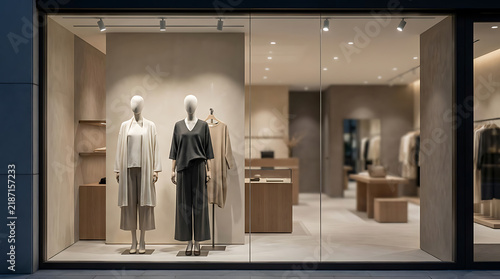 Modern Clothing Store Window Display with Fashion Mannequins in Upscale Retail Boutique