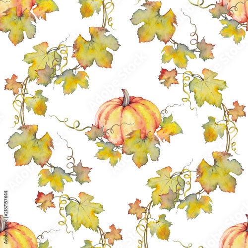 Seamless pattern with hand painted watercolor pumpkins and leaves. Perfect for seasonal projects, autumn decor, fabric, packaging, invitations, wrapping paper and creative designs.