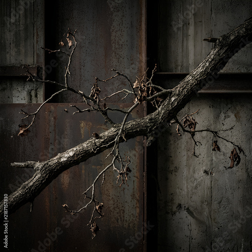 Dead Tree Branch Hanging Against Wooden Wall.