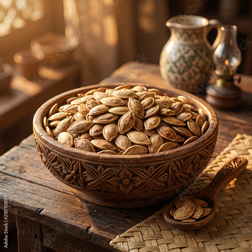 Decorative Bowl Filled with Pistachio Nuts on Wooden Surface.