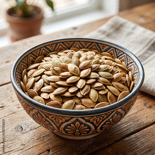 Decorative Bowl Filled with Pumpkin Seeds on Wooden Surface.