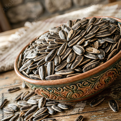 Decorative Bowl Filled with Sunflower Seeds on Rustic Wooden Surface 1.