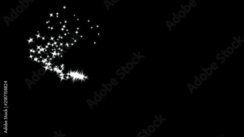 Shimmering white glitter star trail with magical fairy dust, 2D sparkling particles and glowing line motion, elegant fantasy transition overlay on black background, 4K and UHD video effect overlay