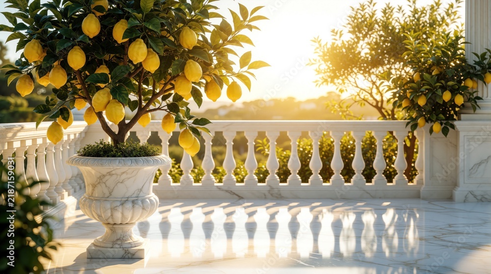 Obraz premium Lemon tree laden with ripe fruit grows on a sunlit marble balcony. Golden sunlight streams over green leaves and yellow citrus, creating dappled shadows on the polished floor.